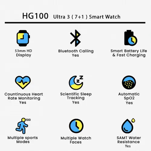 HG100 Ultra 3 (7+1) Smart Watch with 8 Interchangeable Straps, Bluetooth Calling & Fitness Tracking